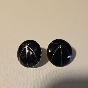 Vintage 1980s Black Enameled and Silver Toned Round Earrings
